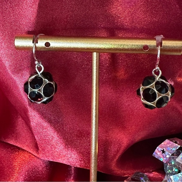 Vintage Black Rhinestone Sphere Dangle Earrings | Sterling Silver Hooks - Picture 5 of 10